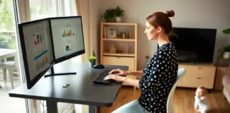 Schreibtisch & Bildschirm richtig einrichten: So vermeidest du Verspannungen und Augenbelastung Teilzeit Mitarbeitende im HomeOffice - Frauen nach Elternzeit im HomeOffice